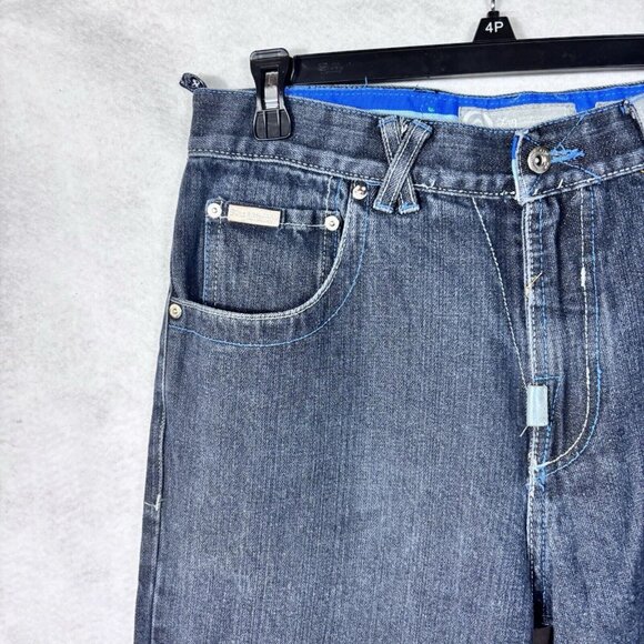 Log Mens Denim Jeans Blue 34 Hip Hop Y2K Embroidered Pockets Ramie Cotton - Picture 3 of 13